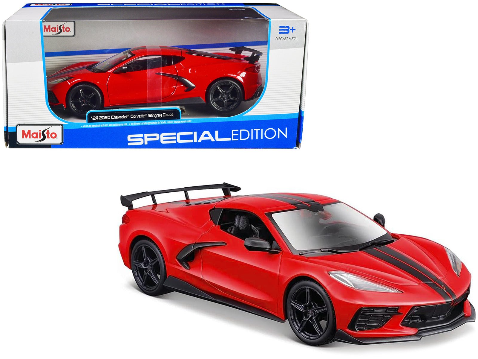 2020 Chevrolet Corvette Stingray Coupe Red with Black Stripes "Special Edition" Series 1/24 Diecast Model Car by Maisto free shipping USA - Rapid Vehicles