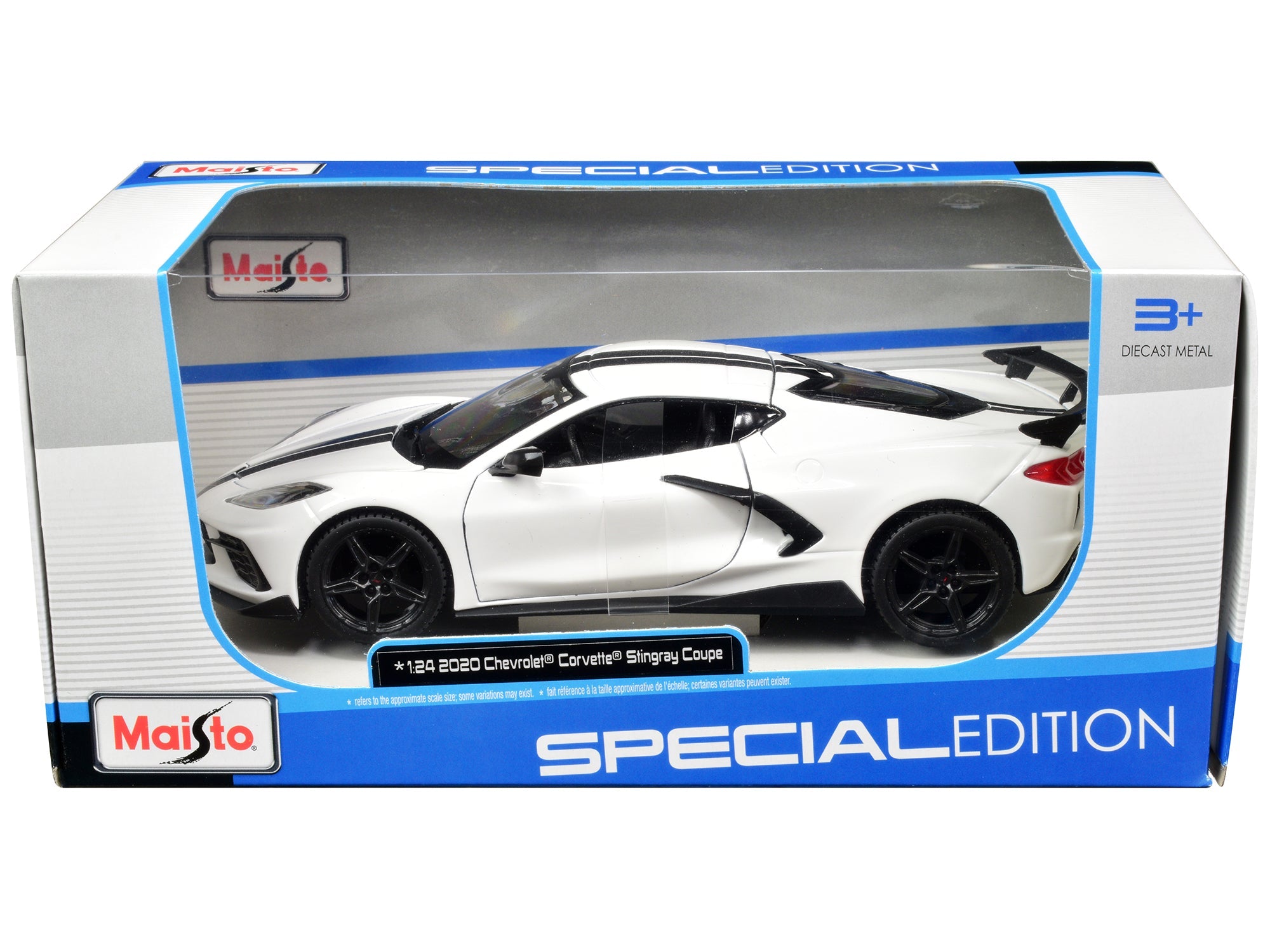 2020 Chevrolet Corvette Stingray Coupe White with Black Stripes "Special Edition" Series 1/24 Diecast Model Car by Maisto free shipping USA - Rapid Vehicles
