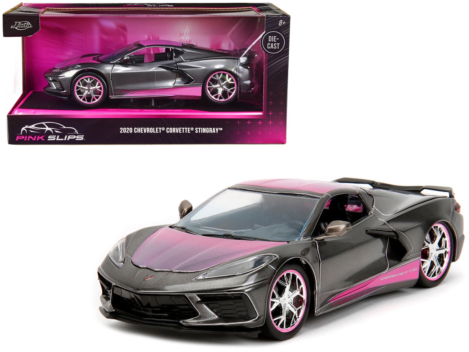2020 Chevrolet Corvette Stingray Gray Metallic with Pink Carbon Hood and Top "Pink Slips" Series 1/24 Diecast Model Car by Jada free shipping USA - Rapid Vehicles