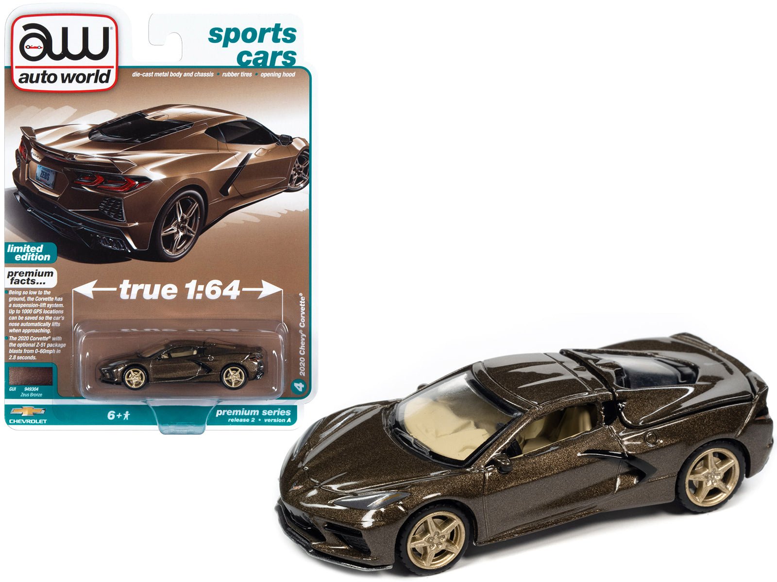 2020 Chevrolet Corvette Zeus Bronze Metallic "Sports Cars" Limited Edition 1/64 Diecast Model Car by Auto World free shipping USA - Rapid Vehicles