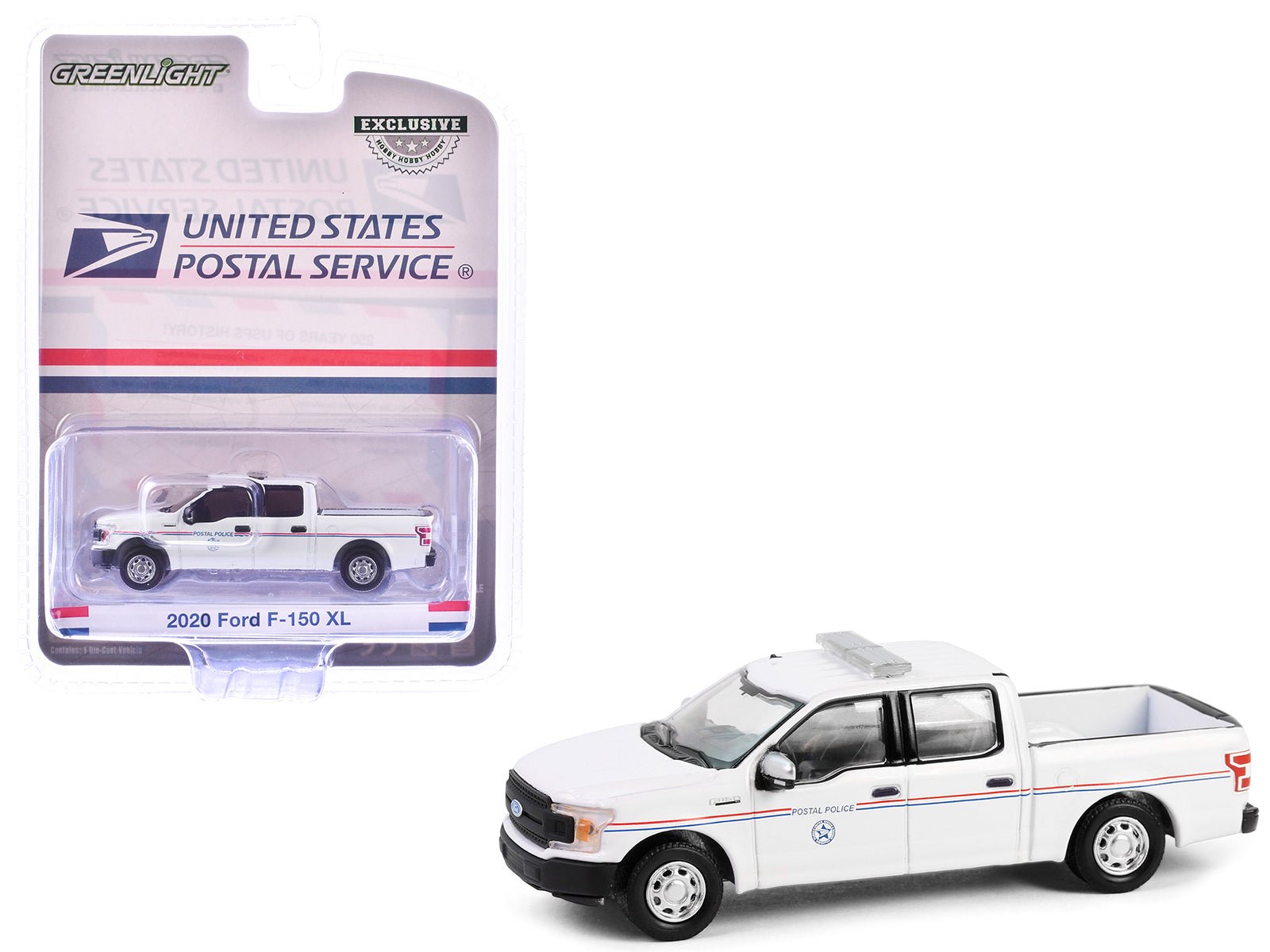 2020 Ford F - 150 XL Pickup Truck "United States Postal Service (USPS) Postal Police" White with Red and Blue Stripes "Hobby Exclusive" Series 1/64 Diecast Model Car by Greenlight free shipping USA - Rapid Vehicles