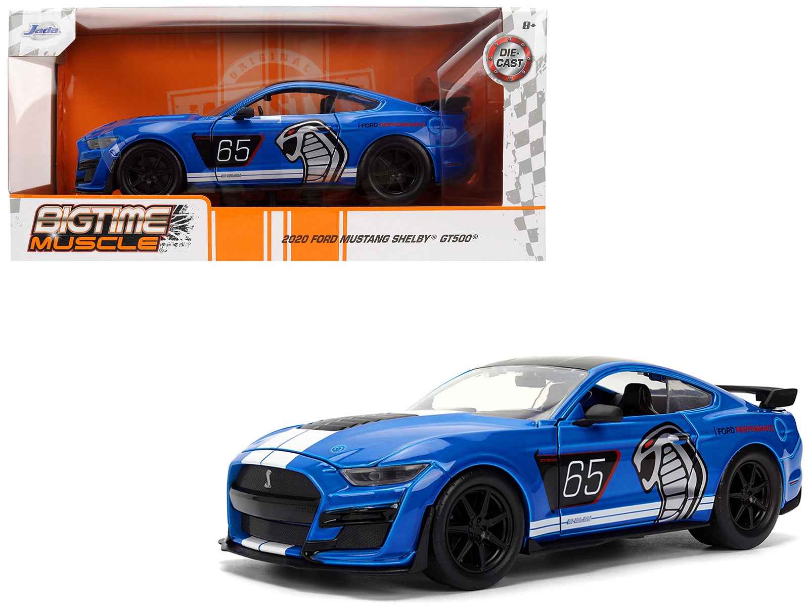 2020 Ford Mustang Shelby GT500 65 "Ford Performance" Blue with Black Top and White Stripes "Bigtime Muscle" Series 1/24 Diecast Model Car by Jada - Rapid Vehicles