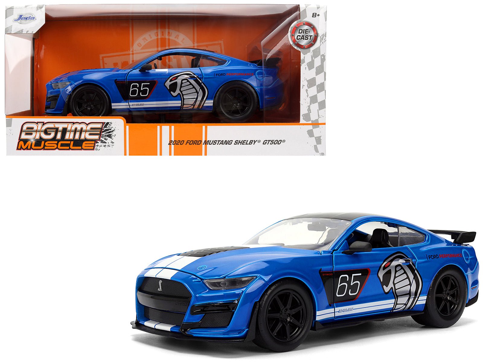 2020 Ford Mustang Shelby GT500 65 "Ford Performance" Blue with Black Top and White Stripes "Bigtime Muscle" Series 1/24 Diecast Model Car by Jada free shipping USA - Rapid Vehicles