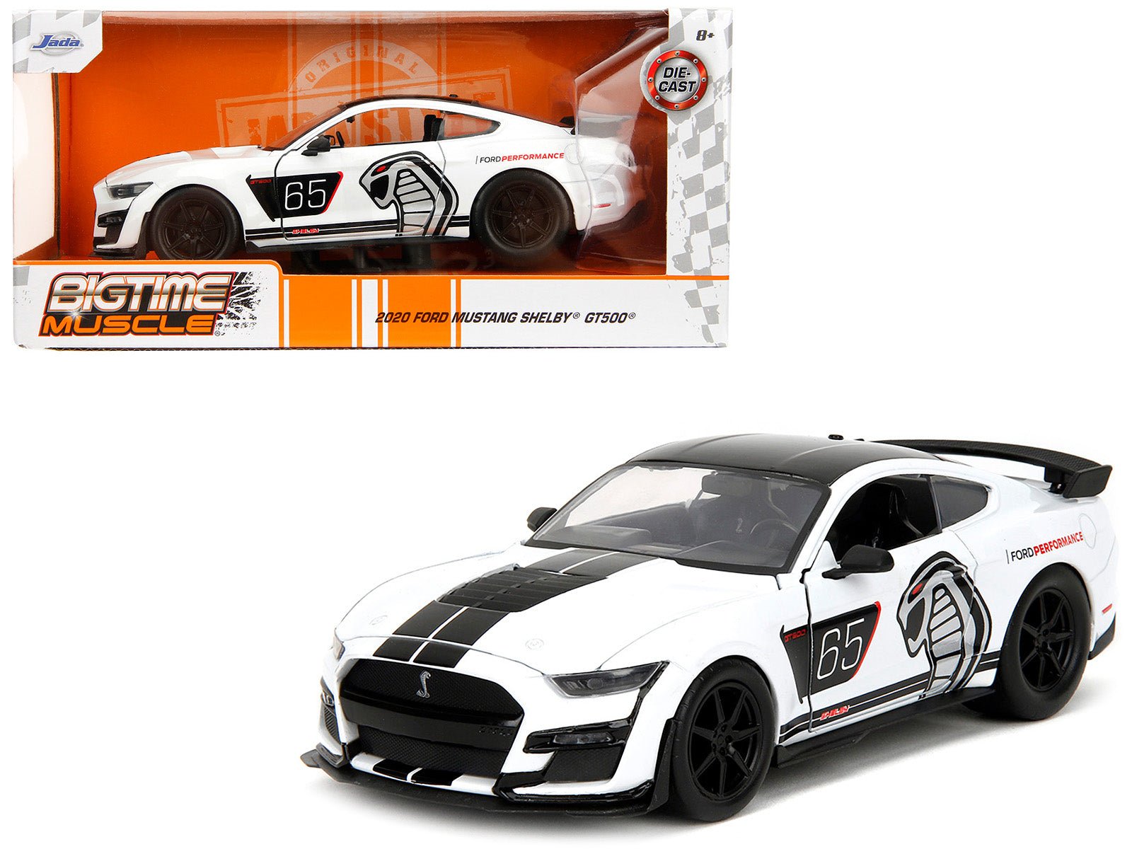 2020 Ford Mustang Shelby GT500 65 White with Black Top and Stripes "Ford Performance" "Bigtime Muscle" Series 1/24 Diecast Model Car by Jada free shipping USA - Rapid Vehicles