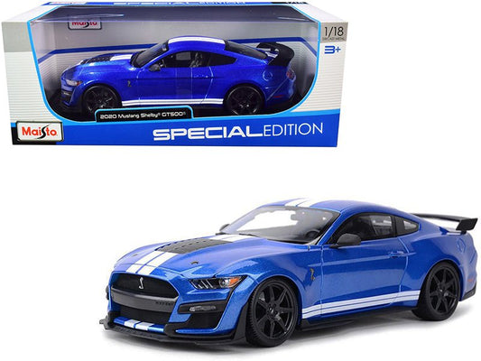 2020 Ford Mustang Shelby GT500 Blue Metallic with White Stripes "Special Edition" 1/18 Diecast Model Car by Maisto free shipping USA - Rapid Vehicles