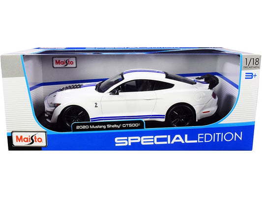 2020 Ford Mustang Shelby GT500 White with Blue Stripes "Special Edition" 1/18 Diecast Model Car by Maisto free shipping USA - Rapid Vehicles