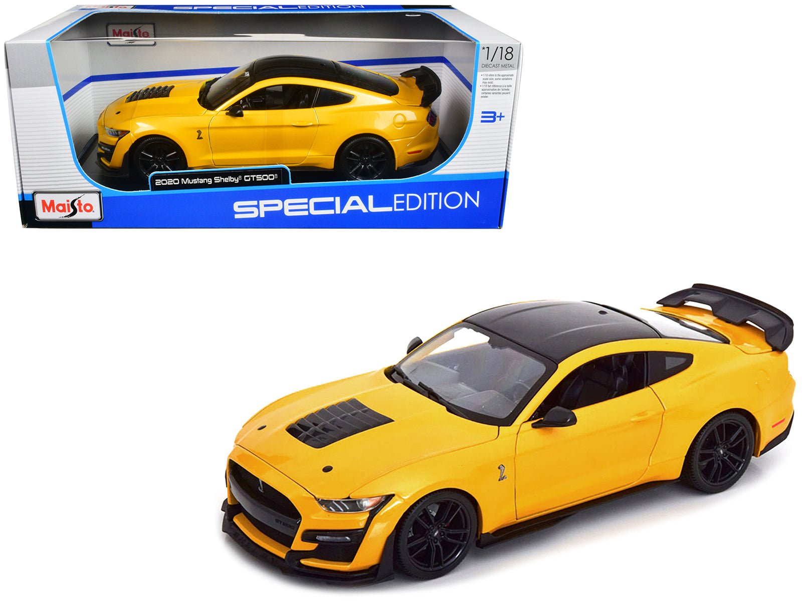 2020 Ford Mustang Shelby GT500 Yellow with Black Top "Special Edition" 1/18 Diecast Model Car by Maisto free shipping USA - Rapid Vehicles