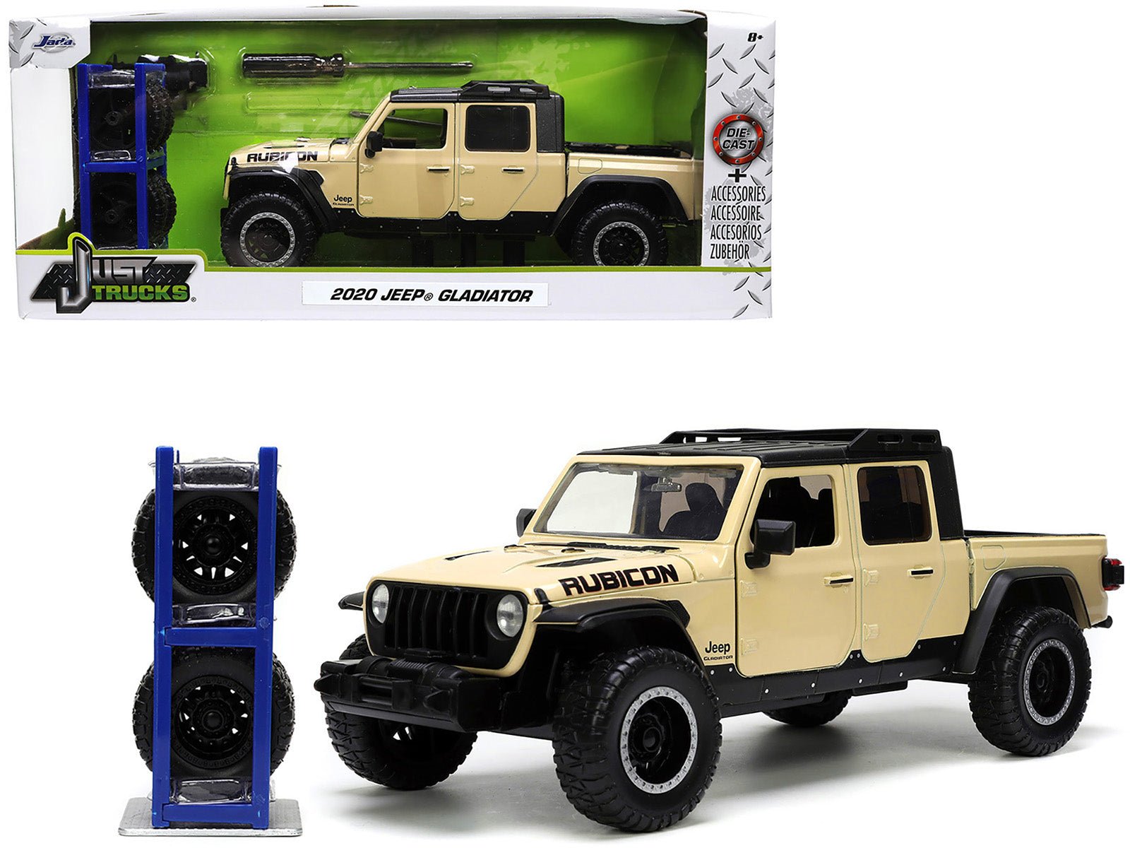 2020 Jeep Gladiator Rubicon Pickup Truck Cream with Roof Rack with Extra Wheels "Just Trucks" Series 1/24 Diecast Model Car by Jada free shipping USA - Rapid Vehicles
