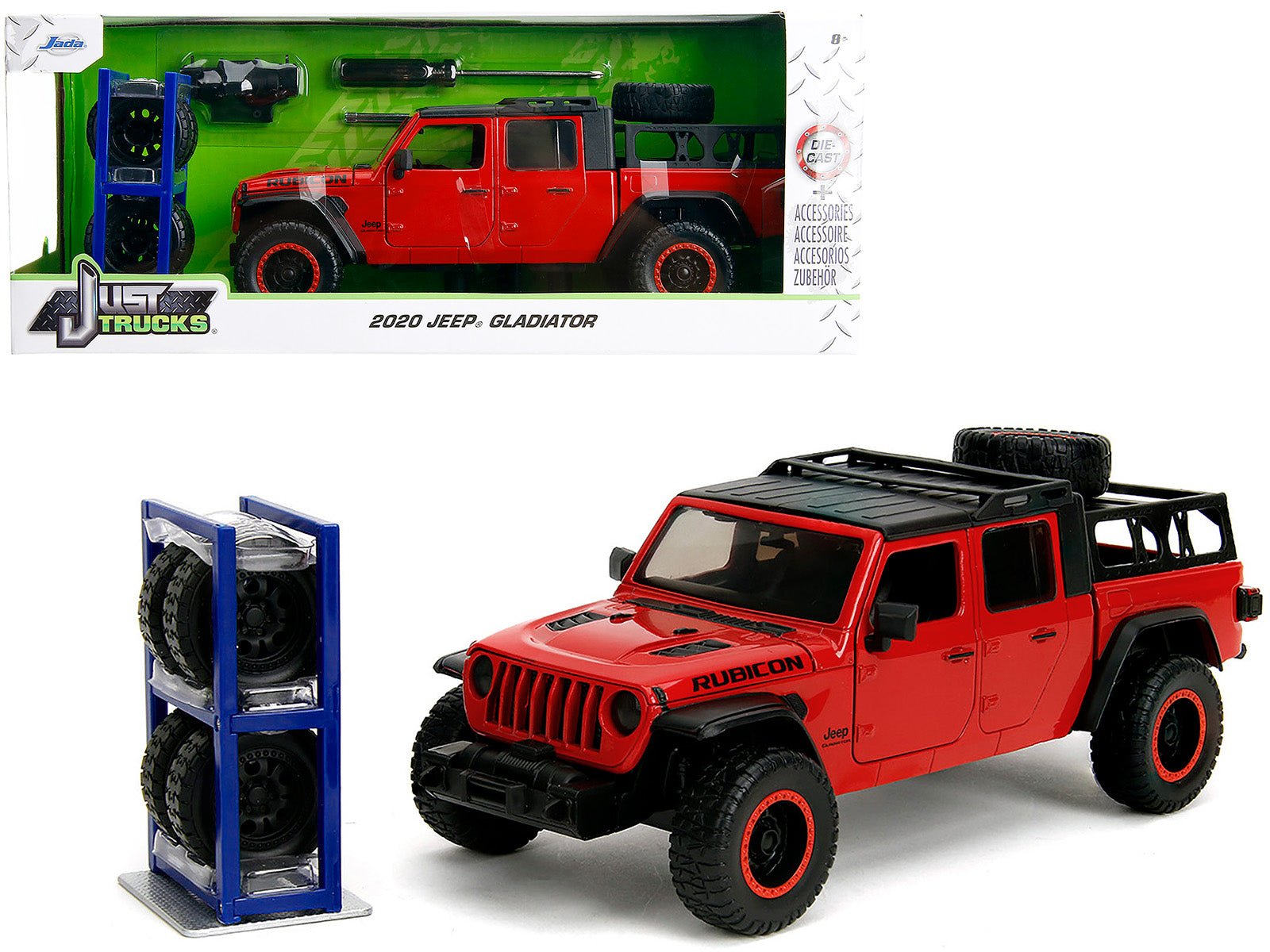 2020 Jeep Gladiator Rubicon Pickup Truck Red with Black Top and Extra Wheels "Just Trucks" Series 1/24 Diecast Model Car by Jada free shipping USA - Rapid Vehicles