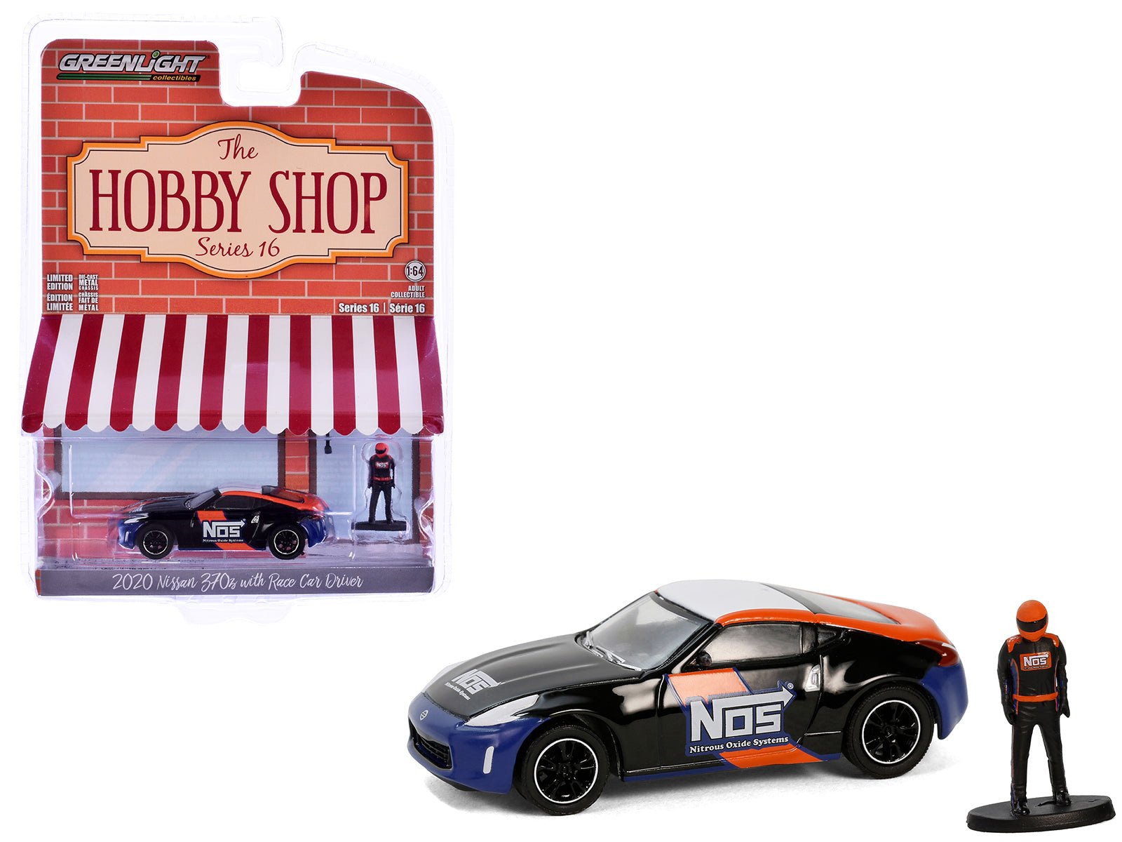 2020 Nissan 370z "NOS Nitrous Oxide Systems" Black with Graphics and Race Car Driver "The Hobby Shop" Series 16 1/64 Diecast Model Car by Greenlight free shipping USA - Rapid Vehicles