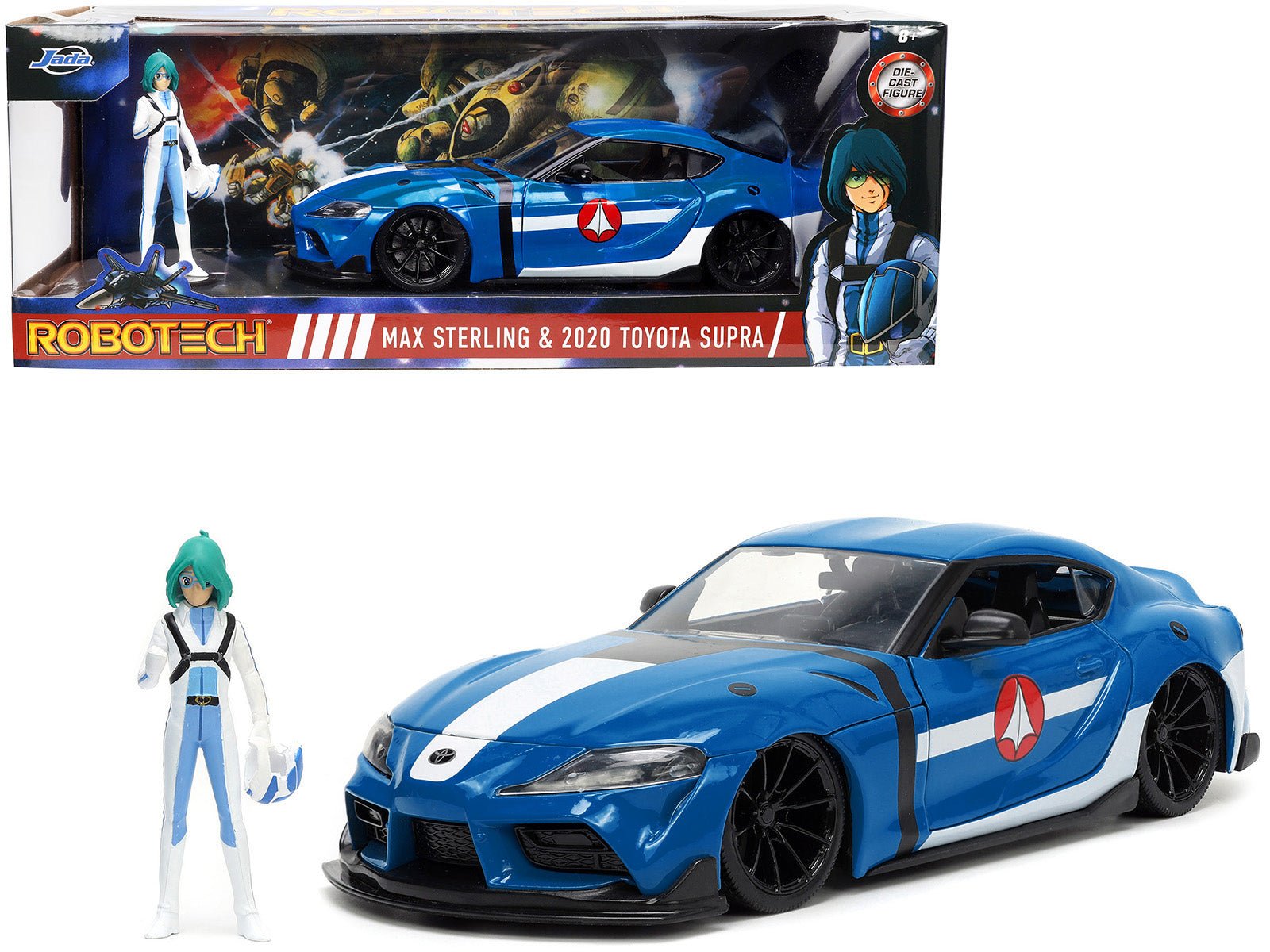 2020 Toyota Supra Blue with Graphics and Max Sterling Diecast Figurine "Robotech" "Hollywood Rides" Series 1/24 Diecast Model Car by Jada free shipping USA - Rapid Vehicles