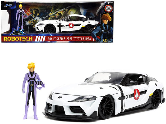 2020 Toyota Supra White and Roy Focker Diecast Figurine "Robotech" "Hollywood Rides" Series 1/24 Diecast Model Car by Jada free shipping USA - Rapid Vehicles