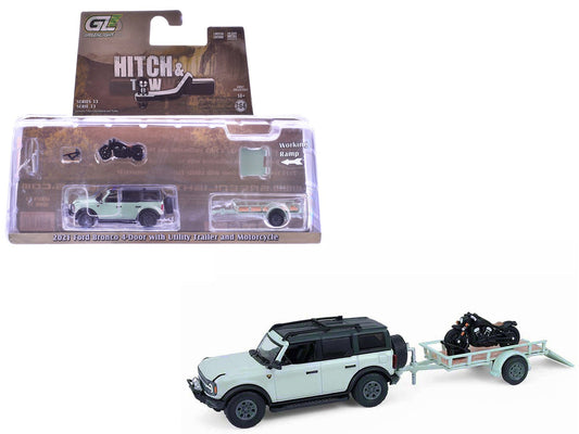 2021 Ford Bronco 4 - Door Badlands Cactus Gray with Black Top and Motorcycle with Utility Trailer "Hitch & Tow" Series 33 1/64 Diecast Model Cars by Greenlight free shipping USA - Rapid Vehicles