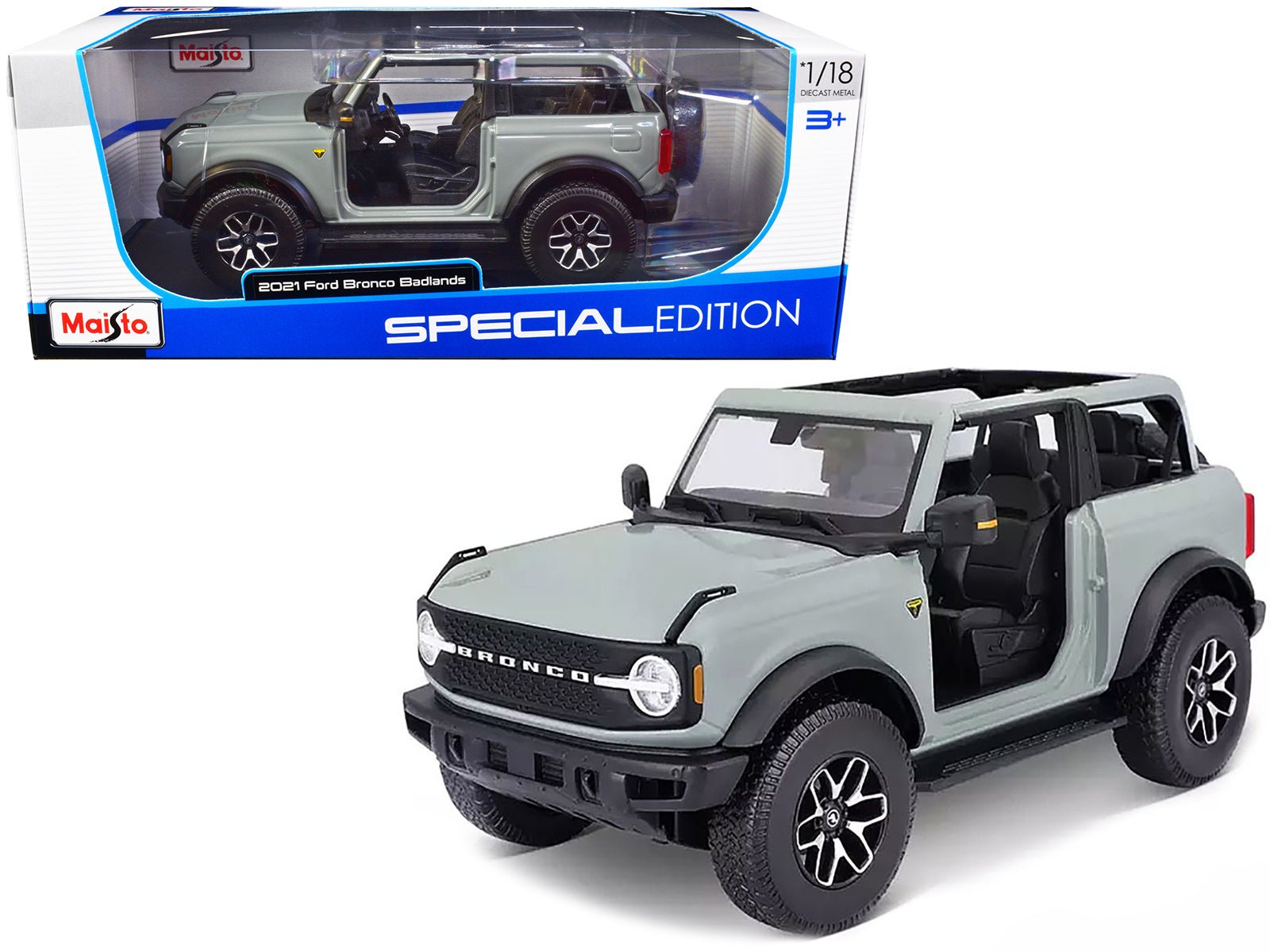 2021 Ford Bronco Badlands Light Gray "Special Edition" 1/18 Diecast Model Car by Maisto free shipping USA - Rapid Vehicles