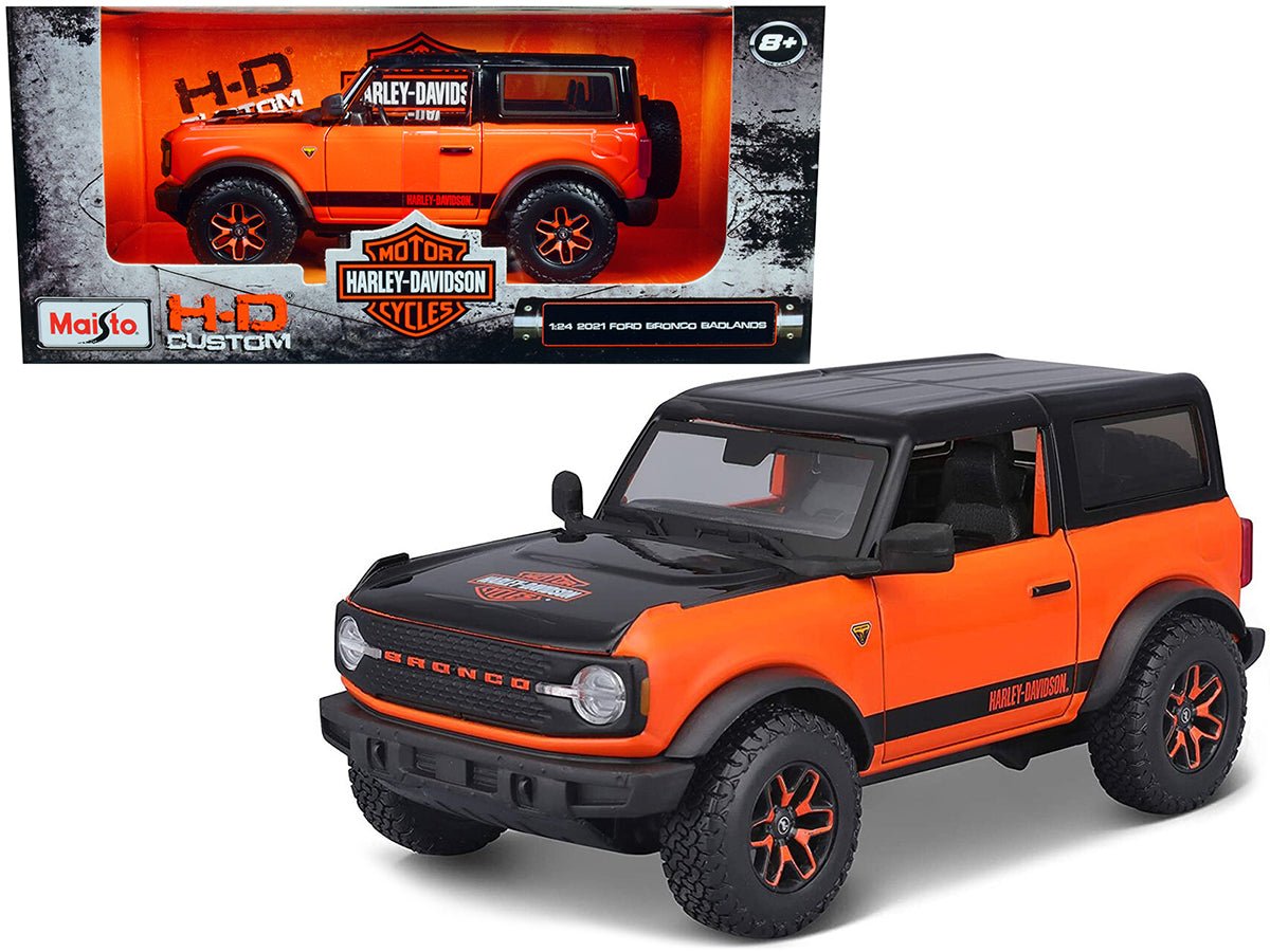 2021 Ford Bronco Badlands Orange and Black "Harley Davidson" "H - D Custom" Series 1/24 Diecast Model Car by Maisto free shipping USA - Rapid Vehicles