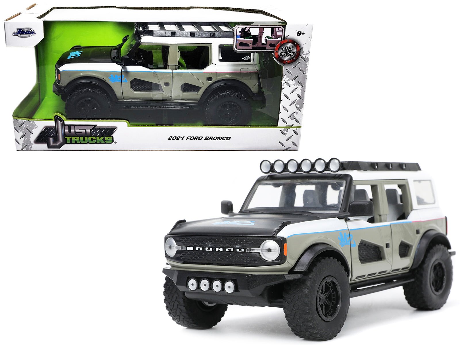 2021 Ford Bronco Gray and White with Matt Black Hood with Roof Rack "M2 Motoring" "Just Trucks" Series 1/24 Diecast Model Car by Jada free shipping USA - Rapid Vehicles