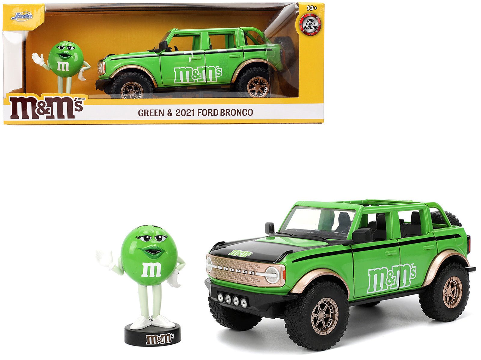2021 Ford Bronco Green with Black Stripes and Green M&M's Diecast Figure "Hollywood Rides" Series 1/24 Diecast Model Car by Jada free shipping USA - Rapid Vehicles