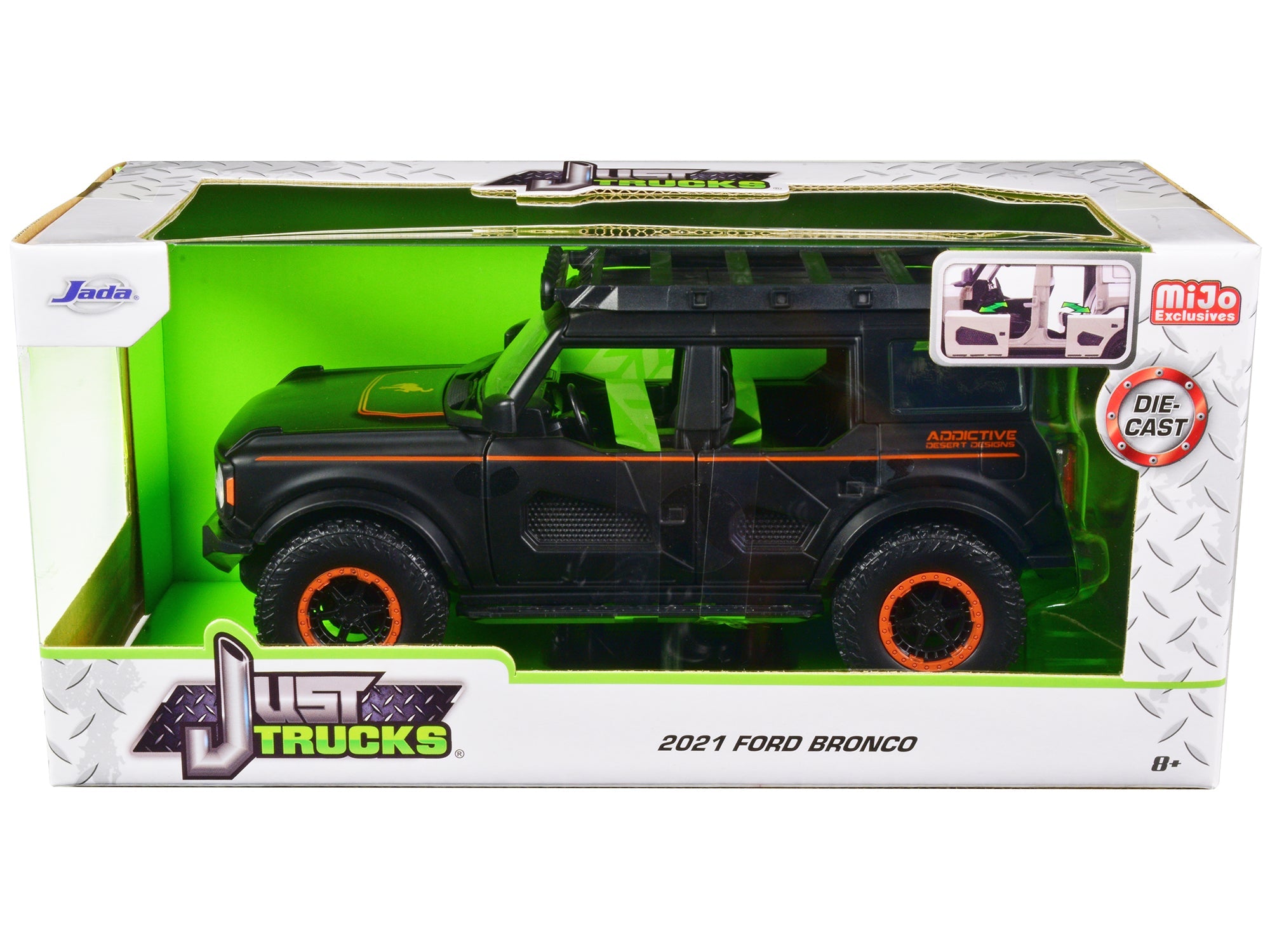 2021 Ford Bronco Matt Black with Orange Stripes and Roof Rack "Addictive Desert Designs" "Just Trucks" Series 1/24 Diecast Model Car by Jada free shipping USA - Rapid Vehicles