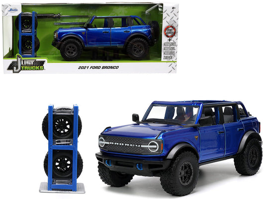 2021 Ford Bronco Open - Top Candy Blue Metallic with Extra Wheels "Just Trucks" Series 1/24 Diecast Model Car by Jada free shipping USA - Rapid Vehicles