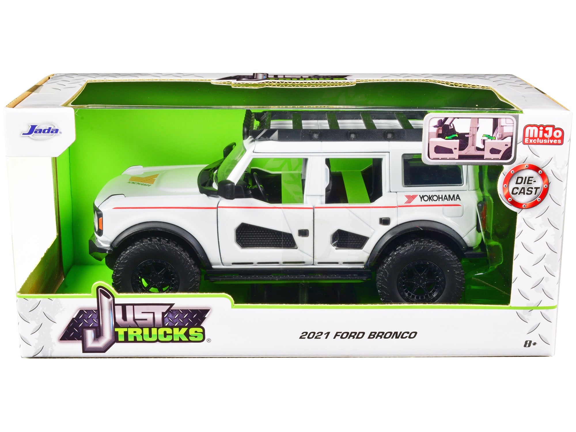 2021 Ford Bronco White with Red Stripes and Roof Rack "Yokohama Tires" "Just Trucks" Series 1/24 Diecast Model Car by Jada free shipping USA - Rapid Vehicles