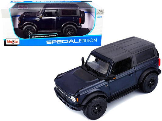 2021 Ford Bronco Wildtrak Dark Blue Metallic with Dark Gray Top "Special Edition" 1/18 Diecast Model Car by Maisto free shipping USA - Rapid Vehicles