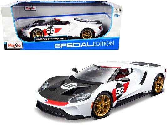 2021 Ford GT 98 White "Heritage Edition" 1/18 Diecast Model Car by Maisto free shipping USA - Rapid Vehicles
