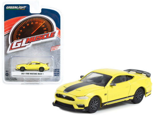 2021 Ford Mustang Mach 1 Grabber Yellow with Black Stripes "Greenlight Muscle" Series 27 1/64 Diecast Model Car by Greenlight free shipping USA - Rapid Vehicles