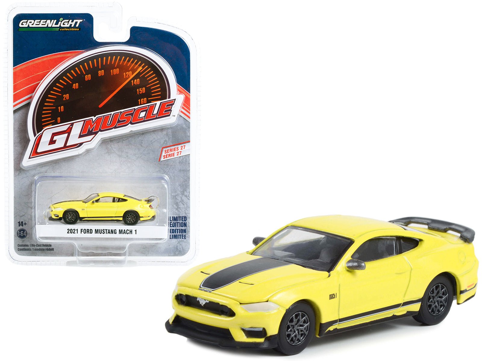 2021 Ford Mustang Mach 1 Grabber Yellow with Black Stripes "Greenlight Muscle" Series 27 1/64 Diecast Model Car by Greenlight free shipping USA - Rapid Vehicles