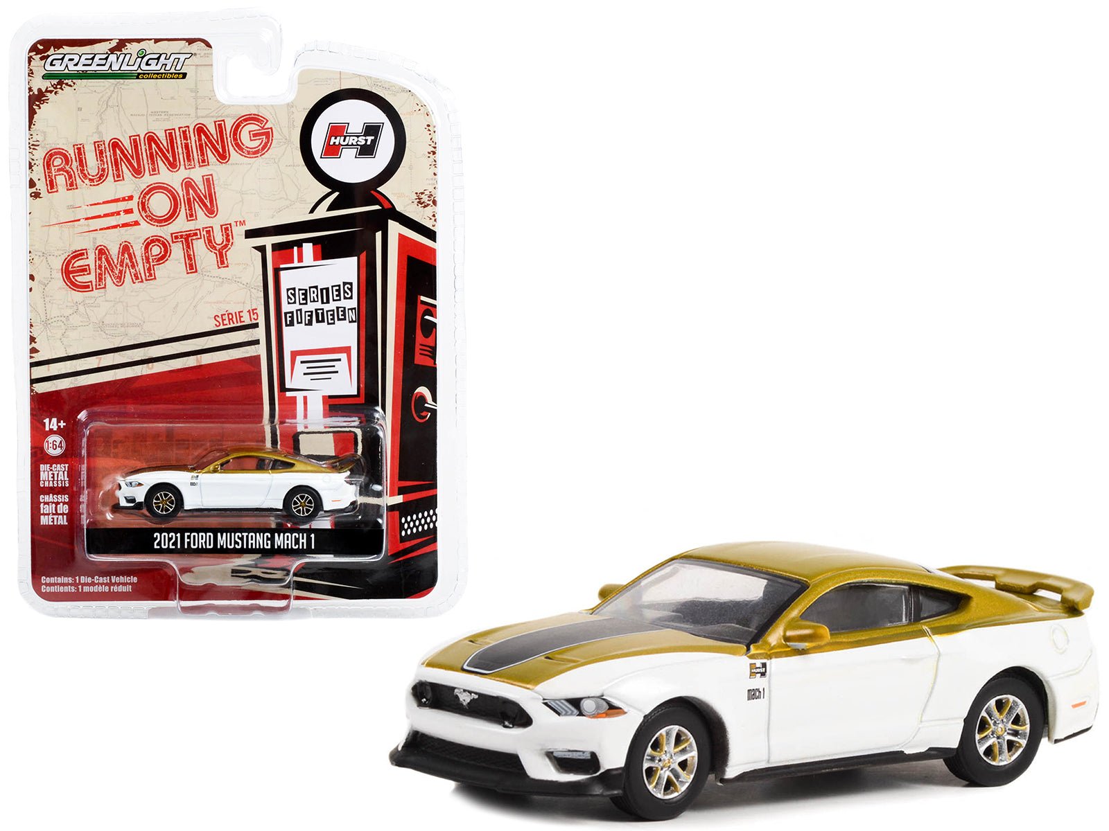 2021 Ford Mustang Mach 1 White and Gold with Black Stripe "Hurst Performance" "Running on Empty" Series 15 1/64 Diecast Model Car by Greenlight free shipping USA - Rapid Vehicles