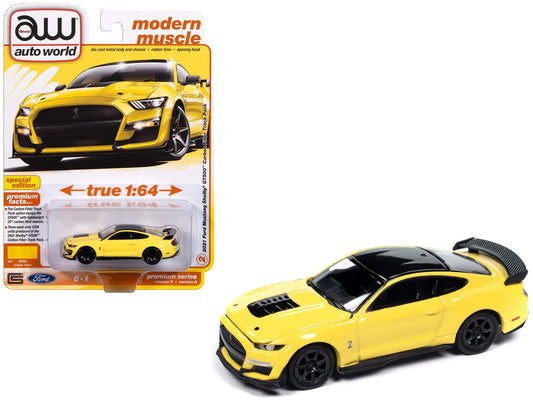 2021 Ford Mustang Shelby GT500 Carbon Fiber Track Pack Grabber Yellow with Black Top "Modern Muscle" Series 1/64 Diecast Model Car by Auto World free shipping USA - Rapid Vehicles
