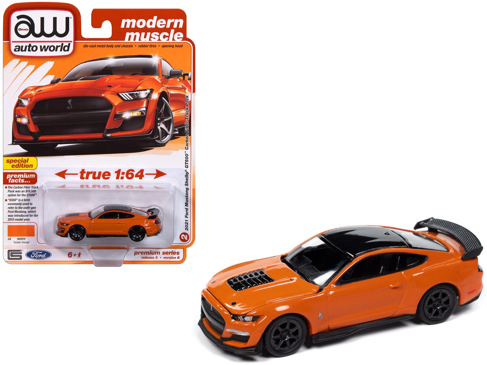 2021 Ford Mustang Shelby GT500 Carbon Fiber Track Pack Twister Orange with Black Top "Modern Muscle" Series 1/64 Diecast Model Car by Auto World free shipping USA - Rapid Vehicles