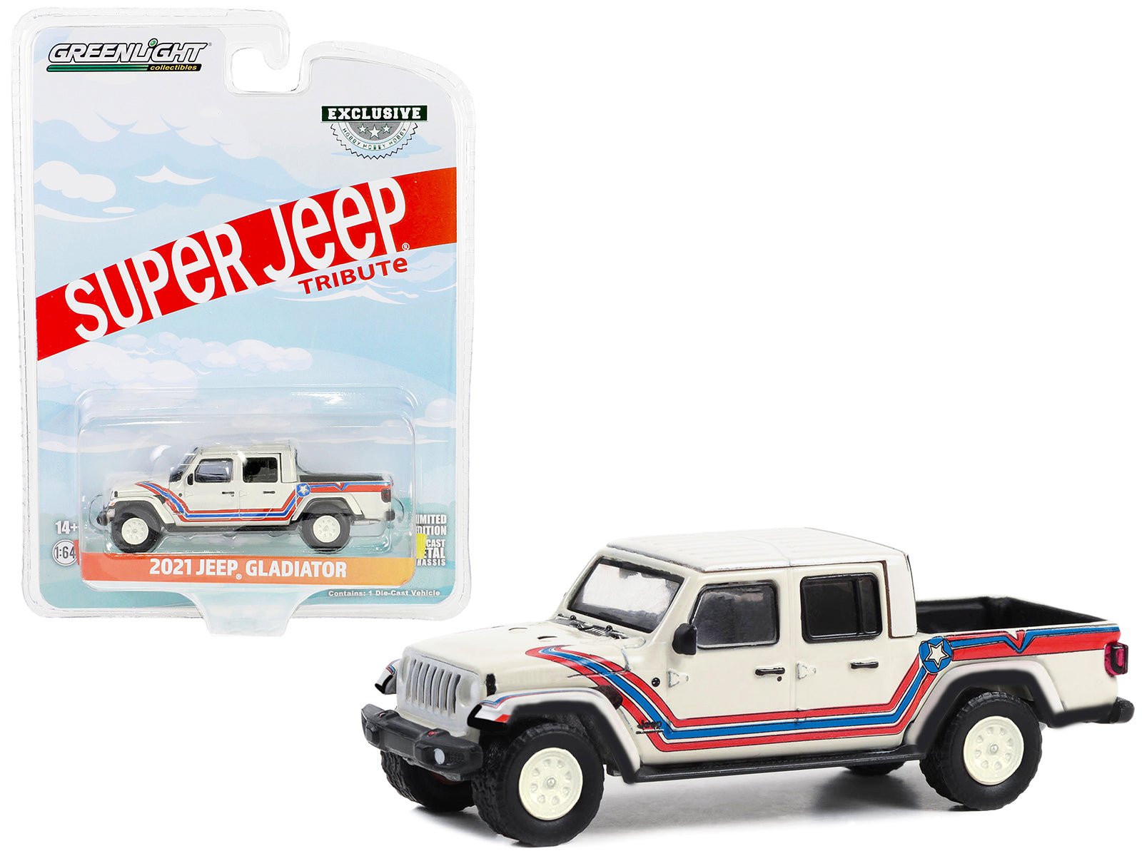 2021 Jeep Gladiator Pickup Truck "Super Jeep Tribute" White with Red and Blue Stripes "Hobby Exclusive" Series 1/64 Diecast Model Car by Greenlight free shipping USA - Rapid Vehicles