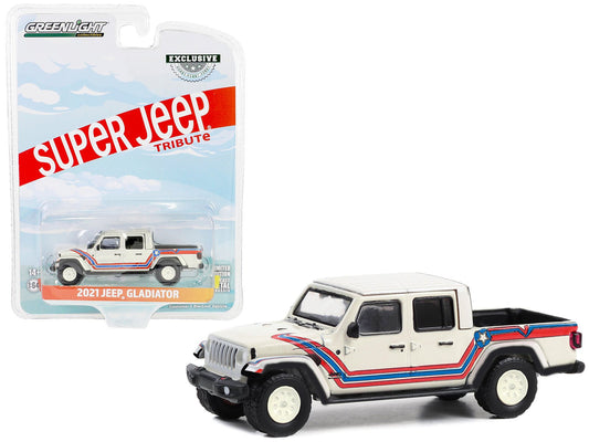 2021 Jeep Gladiator Pickup Truck "Super Jeep Tribute" White with Red and Blue Stripes "Hobby Exclusive" Series 1/64 Diecast Model Car by Greenlight free shipping USA - Rapid Vehicles