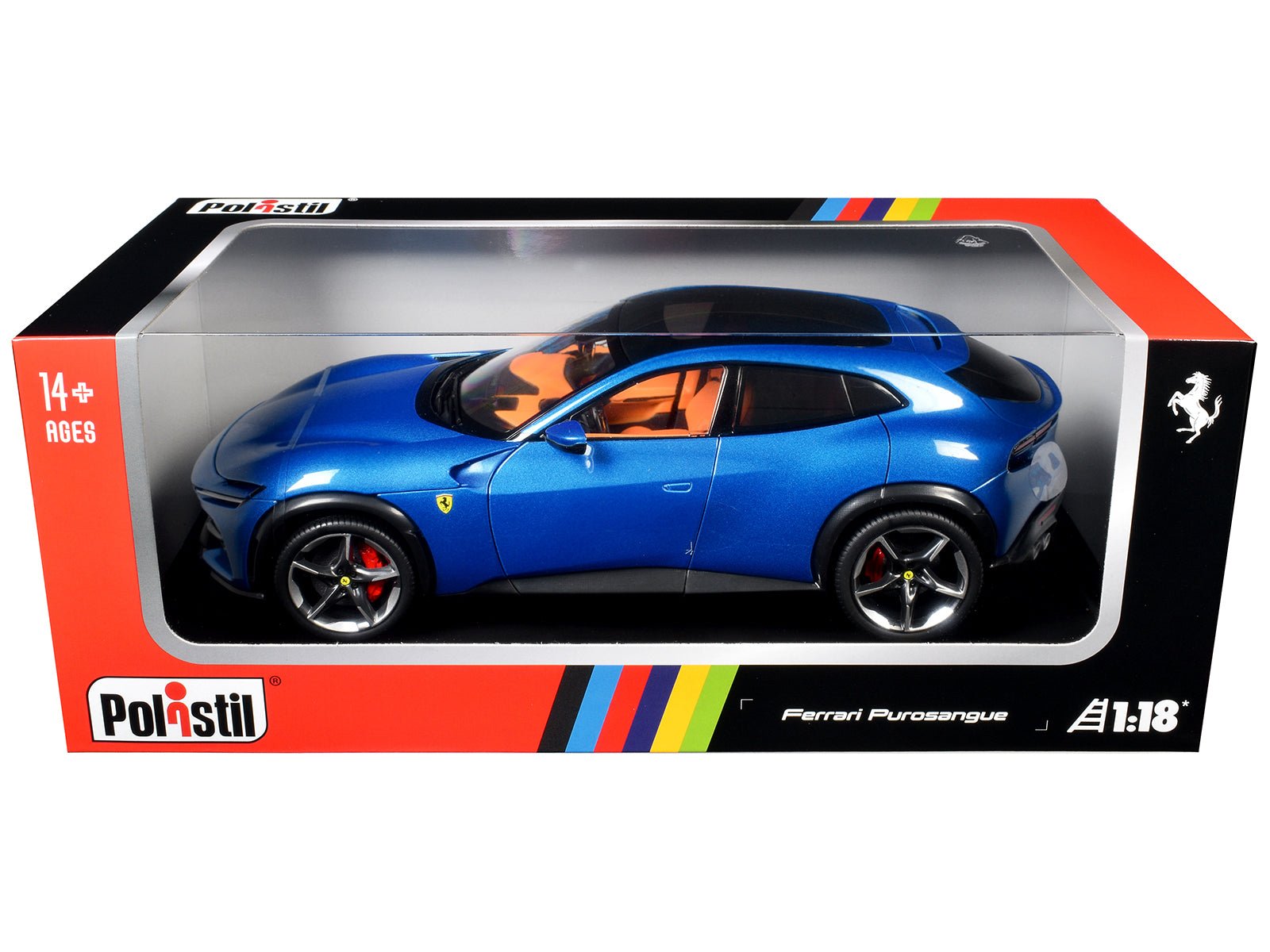 2022 Ferrari Purosangue Blu Corsa Blue Metallic with Black Top and Orange Interior 1/18 Diecast Model Car by Polistil free shipping USA - Rapid Vehicles