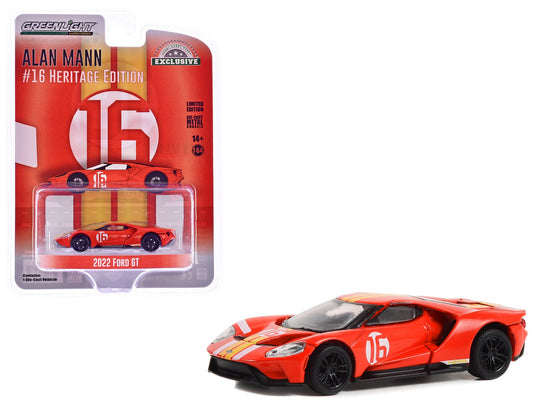 2022 Ford GT Heritage Edition 16 Alan Mann "1966 Ford AM GT - 1 Prototype Tribute" Red with Stripes "Hobby Exclusive" Series 1/64 Diecast Model Car by Greenlight free shipping USA - Rapid Vehicles