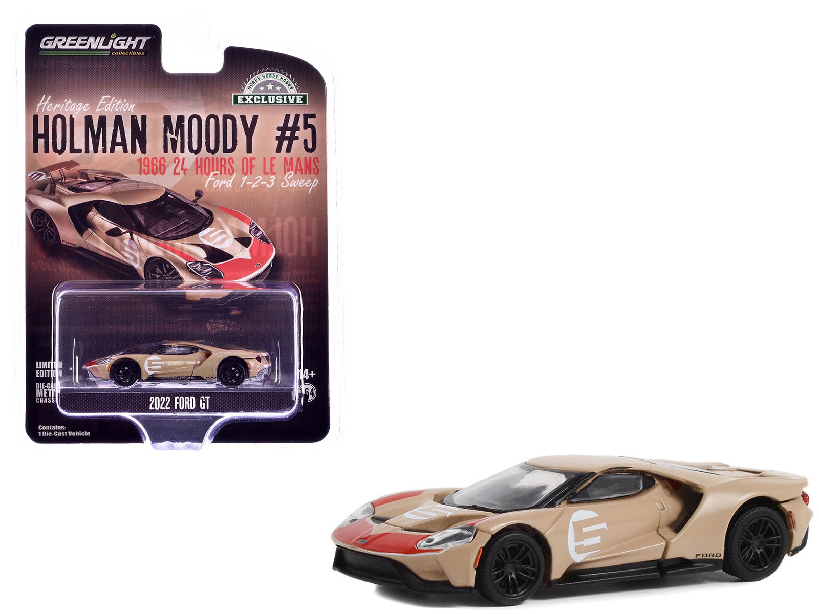 2022 Ford GT Heritage Edition 5 Holman - Moody "1966 24 Hours of Le Mans Ford 1 - 2 - 3 Sweep Tribute" Gold Metallic with Red Accents "Hobby Exclusive" Series 1/64 Diecast Model Car by Greenlight free shipping USA - Rapid Vehicles