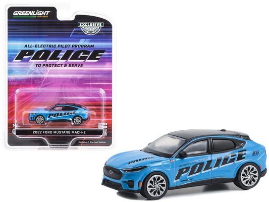 2022 Ford Mustang Mach - E Police Blue with Black Top "All - Electric Pilot Program Vehicle" "Hobby Exclusive" Series 1/64 Diecast Model Car by Greenlight free shipping USA - Rapid Vehicles