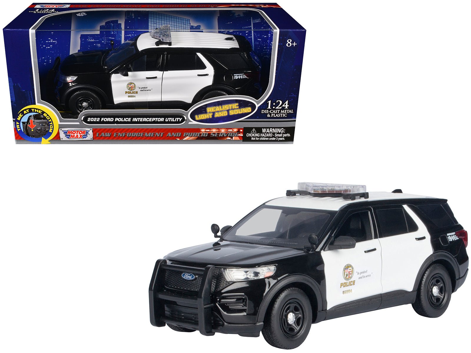 2022 Ford Police Interceptor Utility Black and White "Los Angeles Police Department (LAPD)" with Flashing Light Bar and Front and Rear Lights and Sounds 1/24 Diecast Model Car by Motormax free shipping USA - Rapid Vehicles