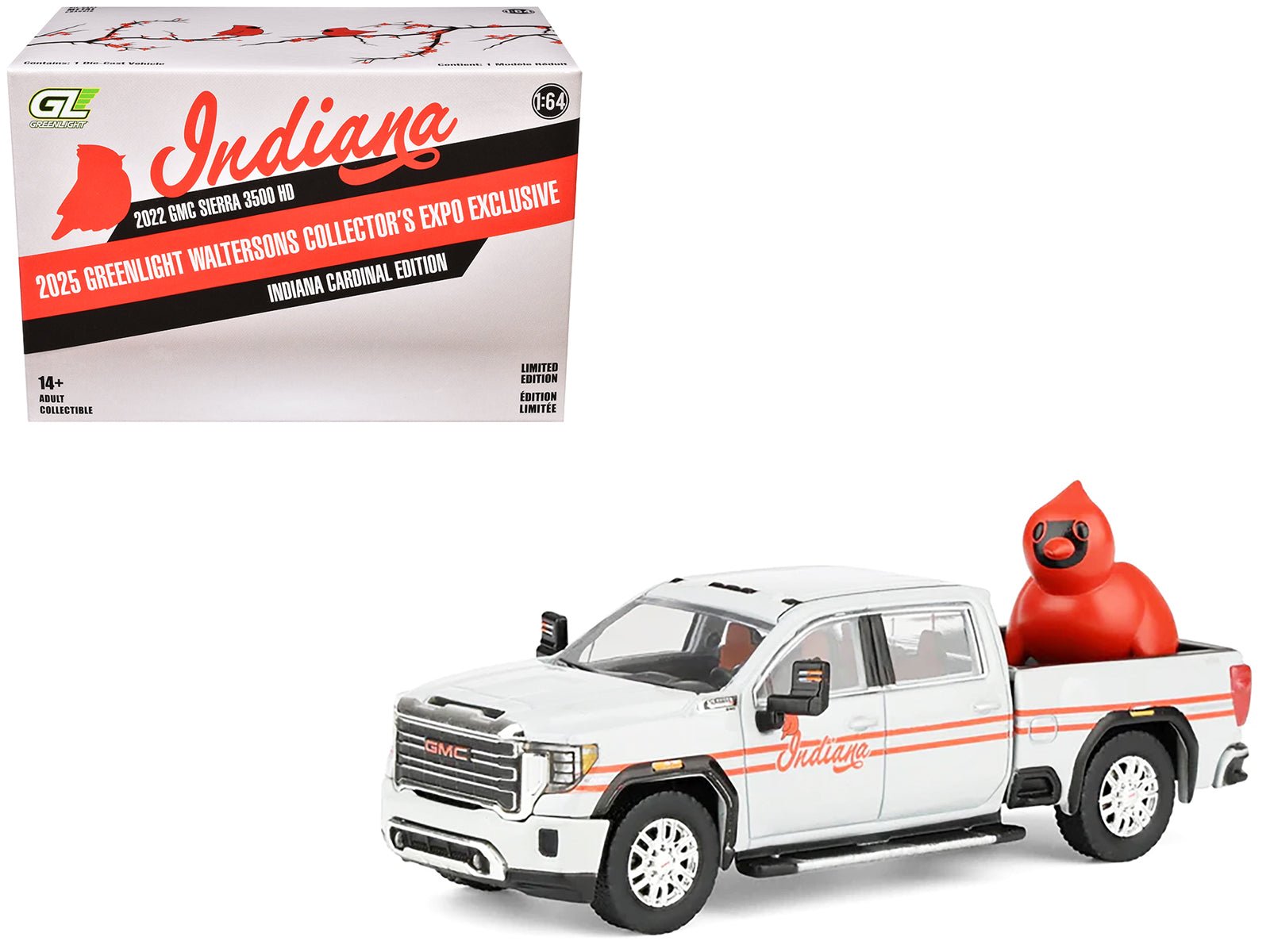 2022 GMC Sierra 3500 HD Pickup Truck "Indiana Cardinals" Silver Metallic with Red Stripes and Cardinal Figure "2025 Greenlight Waltersons Collector's Expo Exclusive" 1/64 Diecast Model Car by Greenlight free shipping USA - Rapid Vehicles