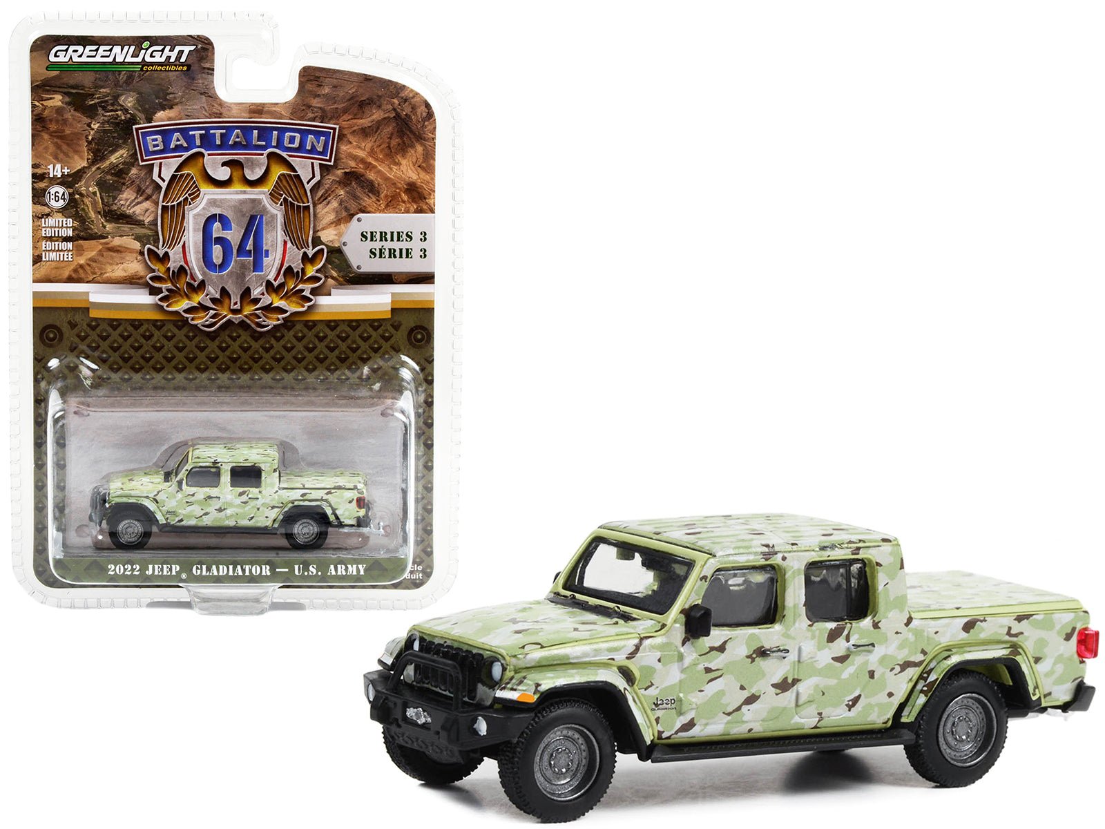 2022 Jeep Gladiator Pickup Truck "U.S. Army" Military - Spec Camouflage "Battalion 64" Series 3 1/64 Diecast Model Car by Greenlight free shipping USA - Rapid Vehicles