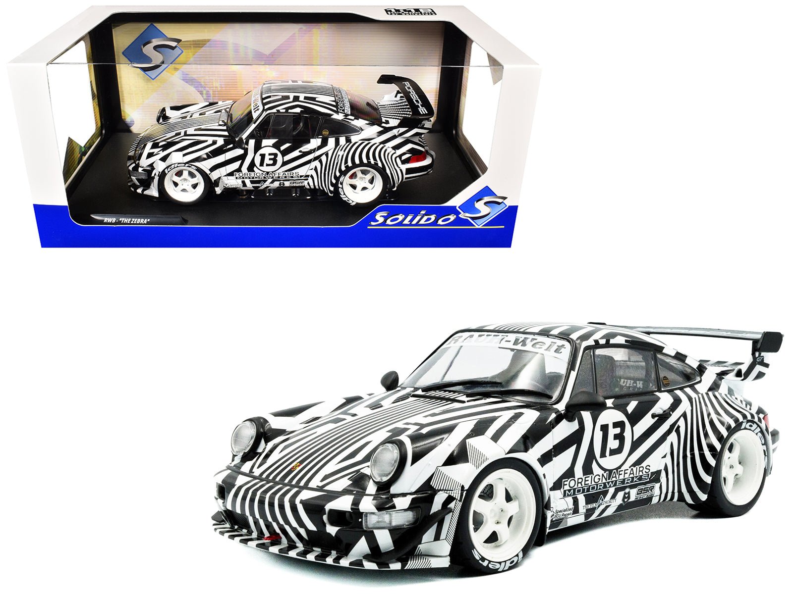 2022 RWB Bodykit 13 "The Zebra" Black and White Striped 1/18 Diecast Model Car by Solido free shipping USA - Rapid Vehicles