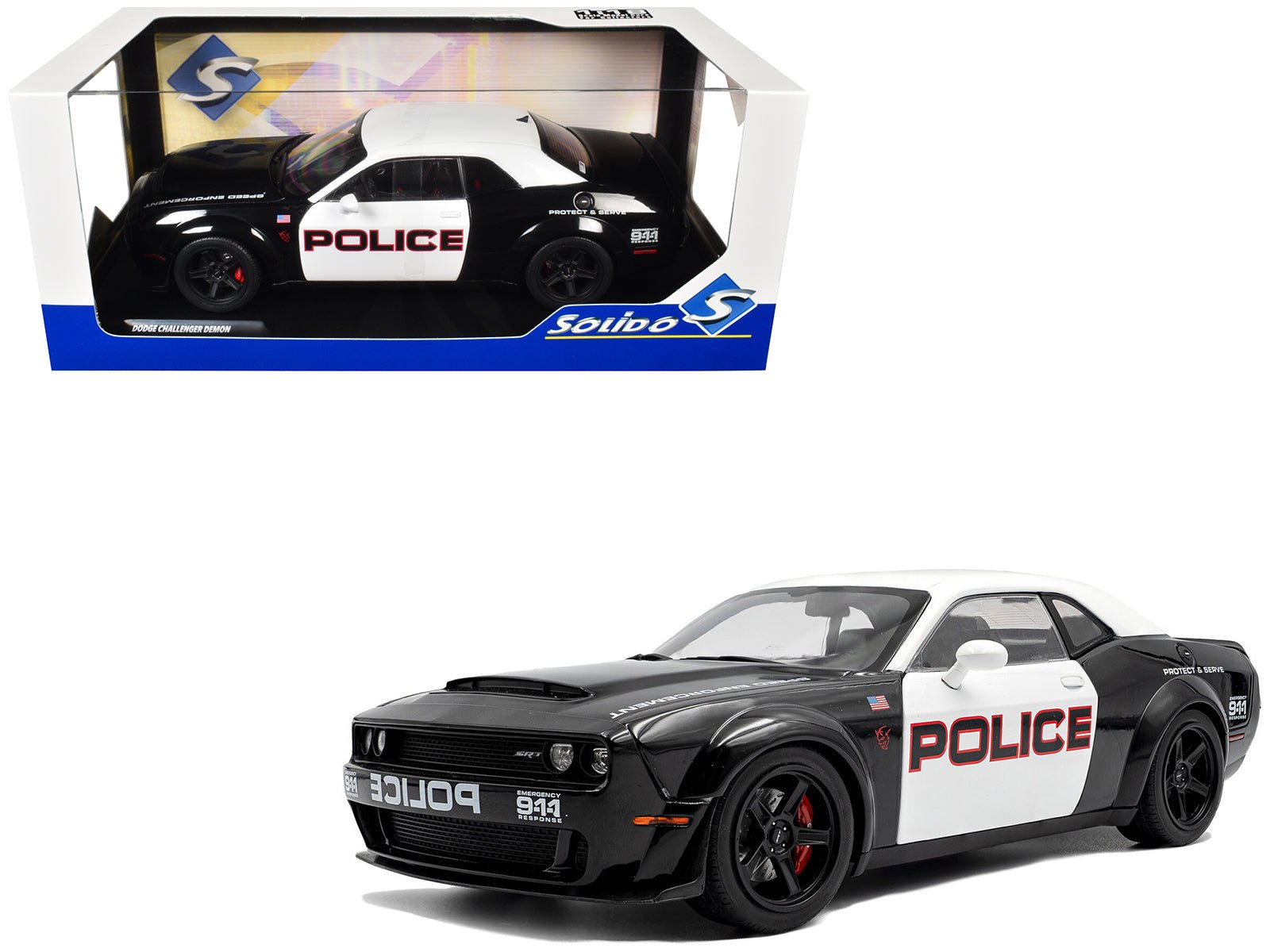 2023 Dodge Challenger Demon "Police" Black and White 1/18 Diecast Model Car by Solido free shipping USA - Rapid Vehicles