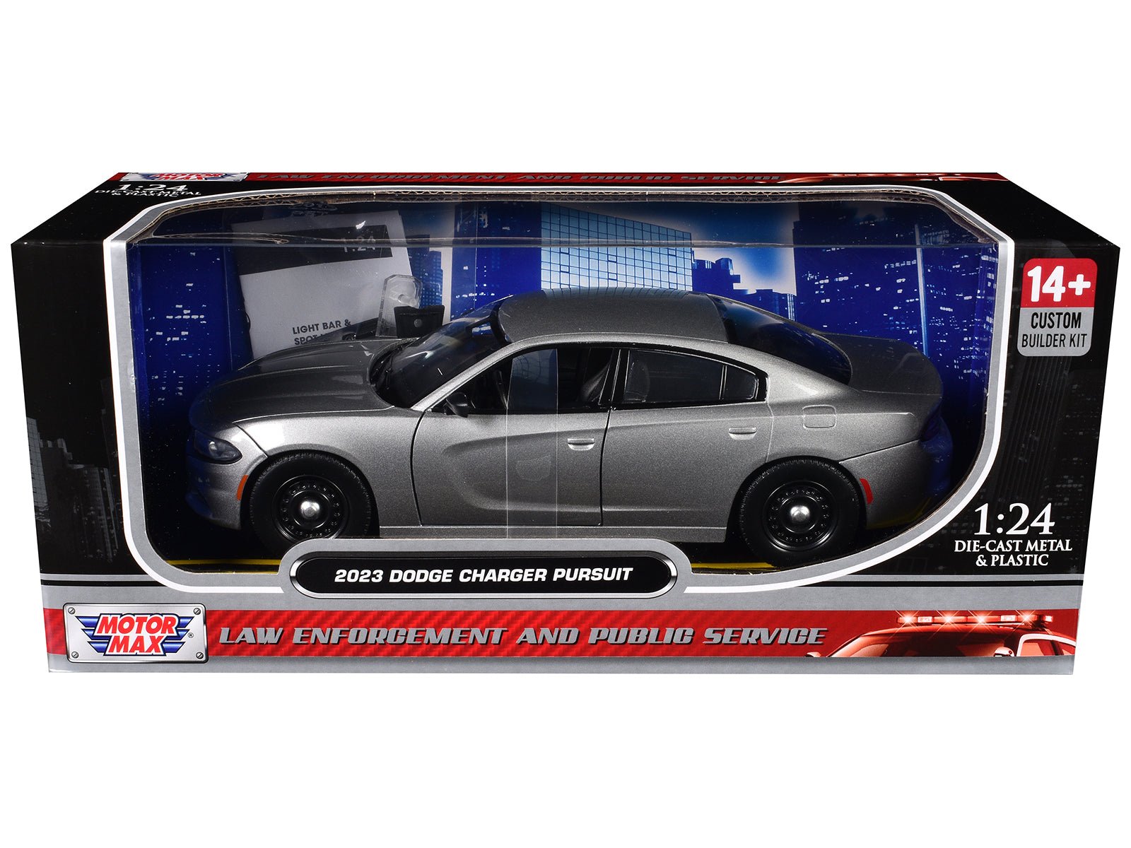 2023 Dodge Charger Pursuit Police Car Silver Metallic "Custom Builder's Kit - Law Enforcement and Public Service" Series 1/24 Diecast Model Car by Motormax free shipping USA - Rapid Vehicles