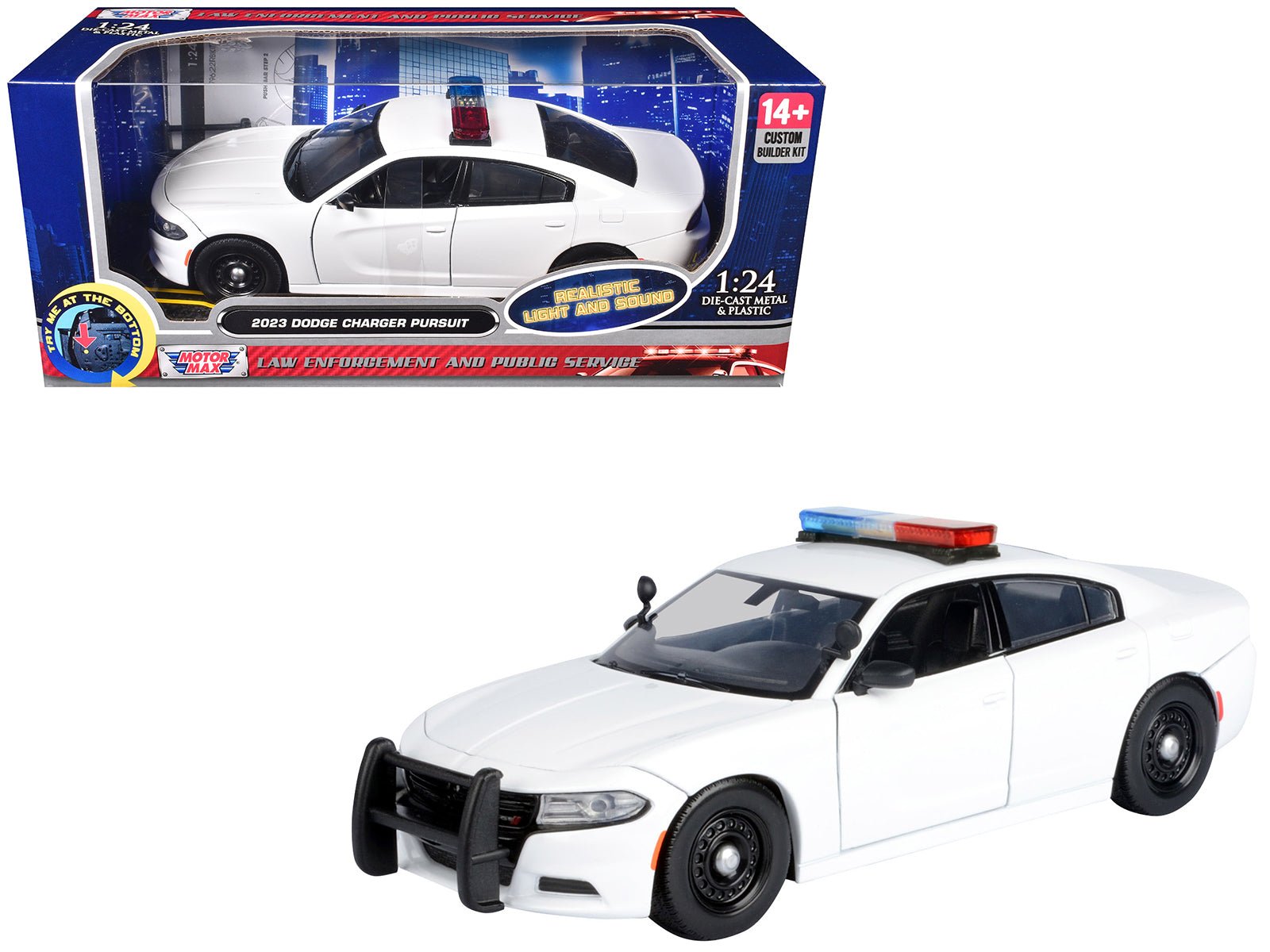 2023 Dodge Charger Pursuit Police Car Unmarked White with Flashing Light Bar Front and Rear Lights and 2 Sounds "Builder's Kit" 1/24 Diecast Model Car by Motormax free shipping USA - Rapid Vehicles