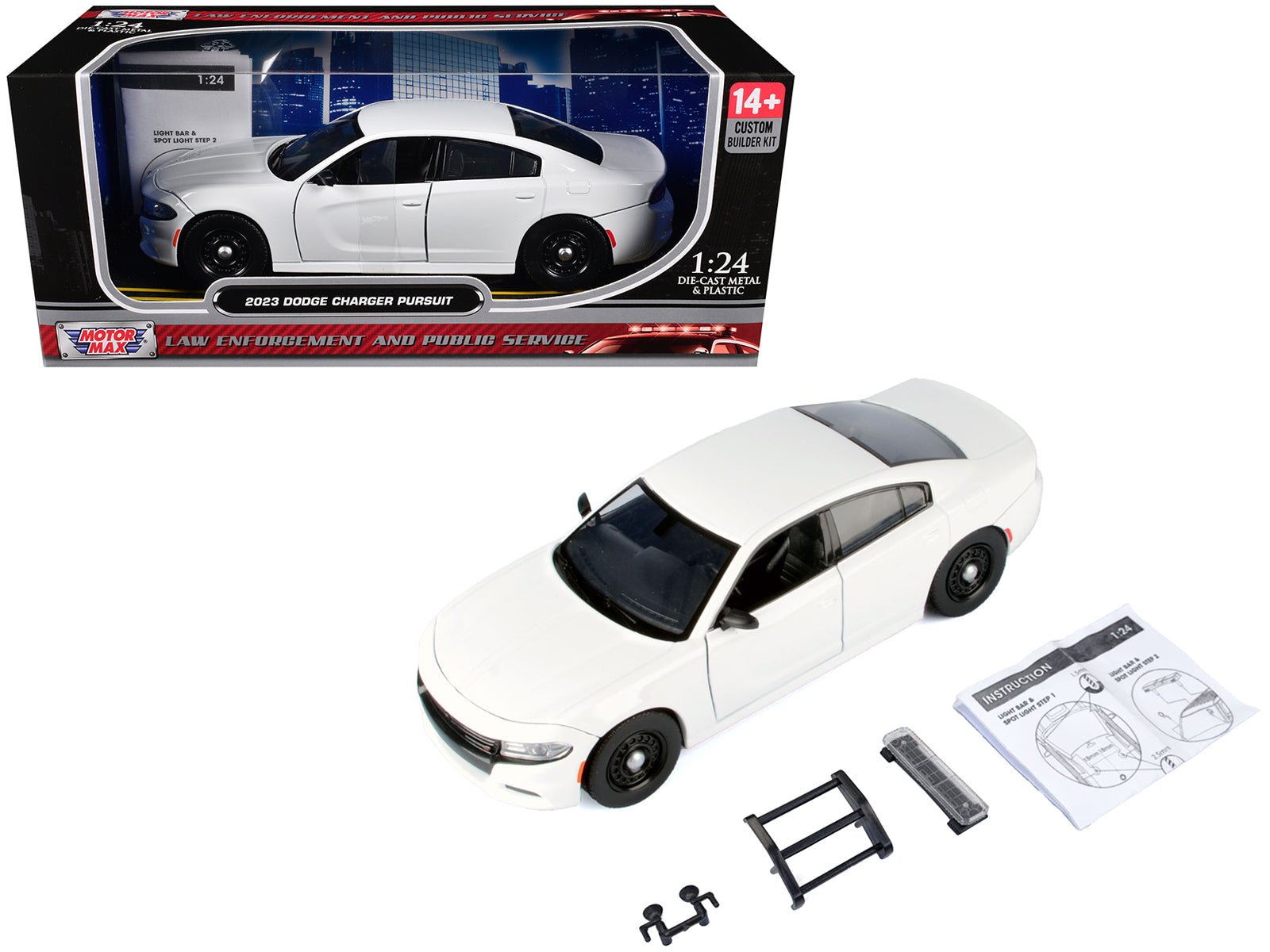 2023 Dodge Charger Pursuit Police Car White "Custom Builder's Kit - Law Enforcement and Public Service" Series 1/24 Diecast Model Car by Motormax free shipping USA - Rapid Vehicles