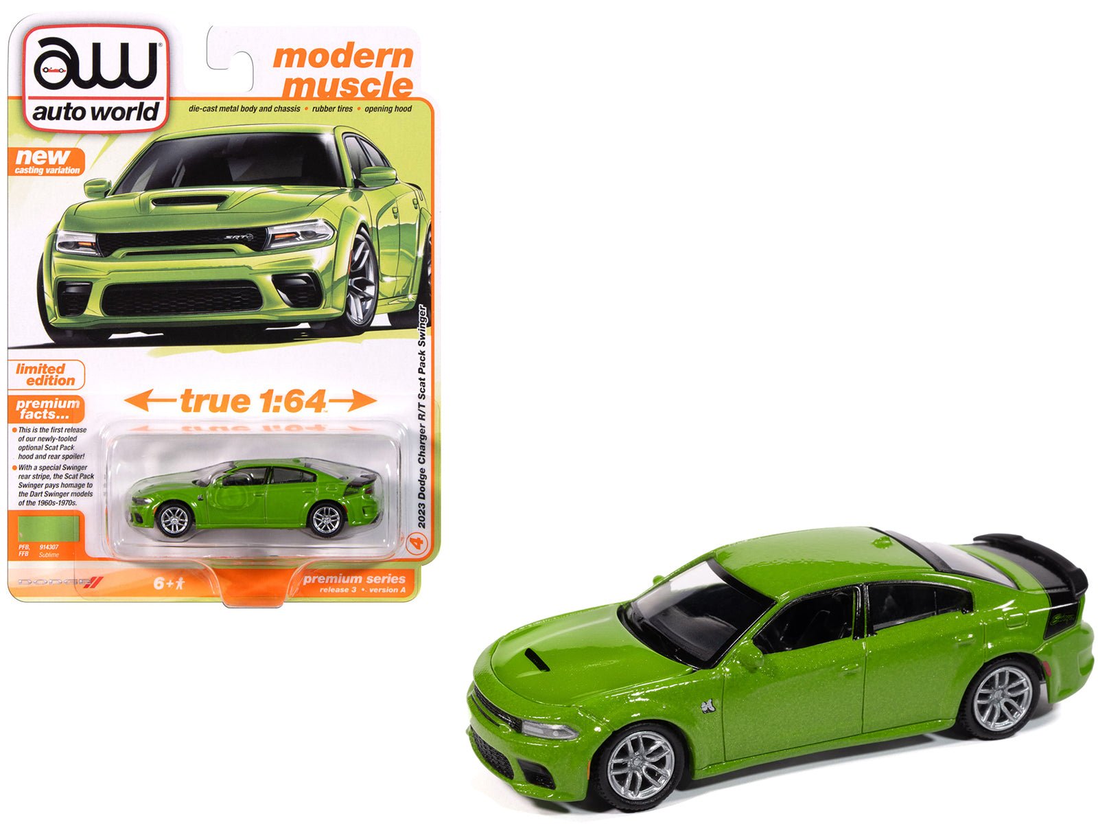 2023 Dodge Charger R/T Scat Pack Swinger Sublime Green Metallic "Modern Muscle" Series 1/64 Diecast Model Car by Auto World free shipping USA - Rapid Vehicles