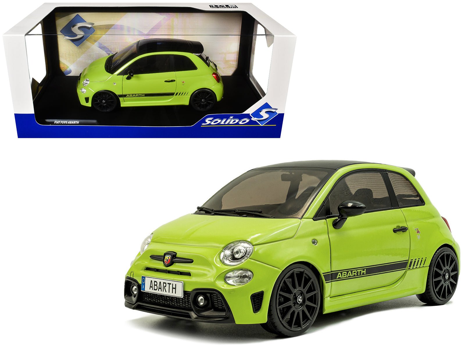2023 Fiat F595 Abarth Verde Adrenalina Green with Black Top and Stripes 1/18 Diecast Model Car by Solido free shipping USA - Rapid Vehicles