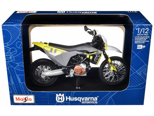 2023 Husqvarna 701 Supermoto Motorcycle Matt Black and Gray with Yellow and White Accents with Display Base 1/12 Diecast Model by Maisto free shipping USA - Rapid Vehicles
