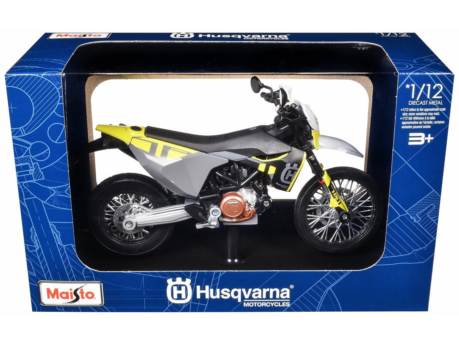 2023 Husqvarna 701 Supermoto Motorcycle Matt Black and Gray with Yellow and White Accents with Display Base 1/12 Diecast Model by Maisto free shipping USA - Rapid Vehicles