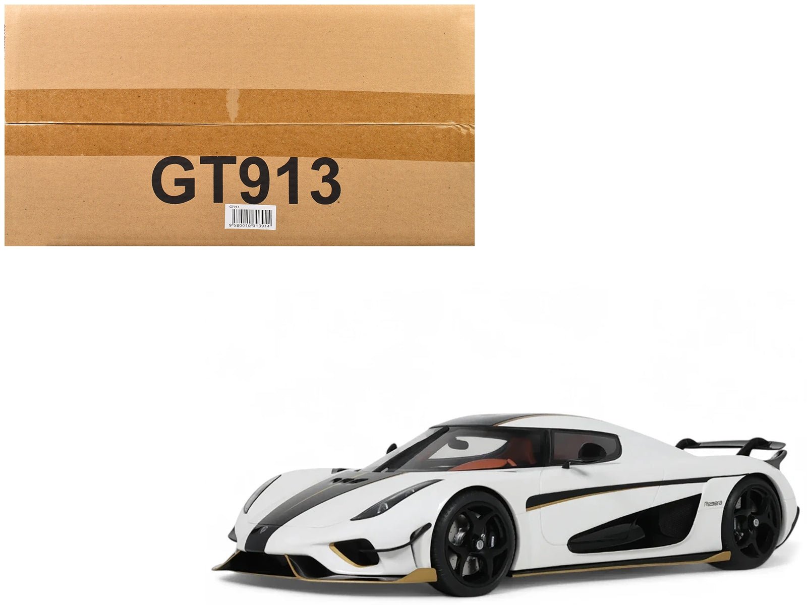 2023 Koenigsegg Regera White with Black Stripes 1/18 Model Car by GT Spirit - Rapid Vehicles